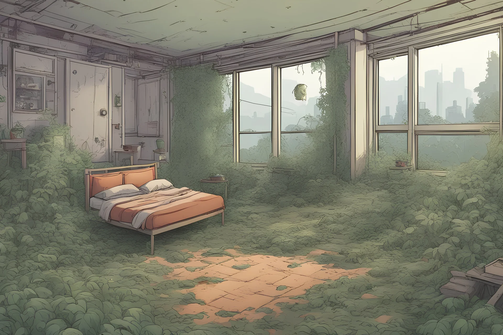 interior house, overgrown apocalyptic, background, comic book,