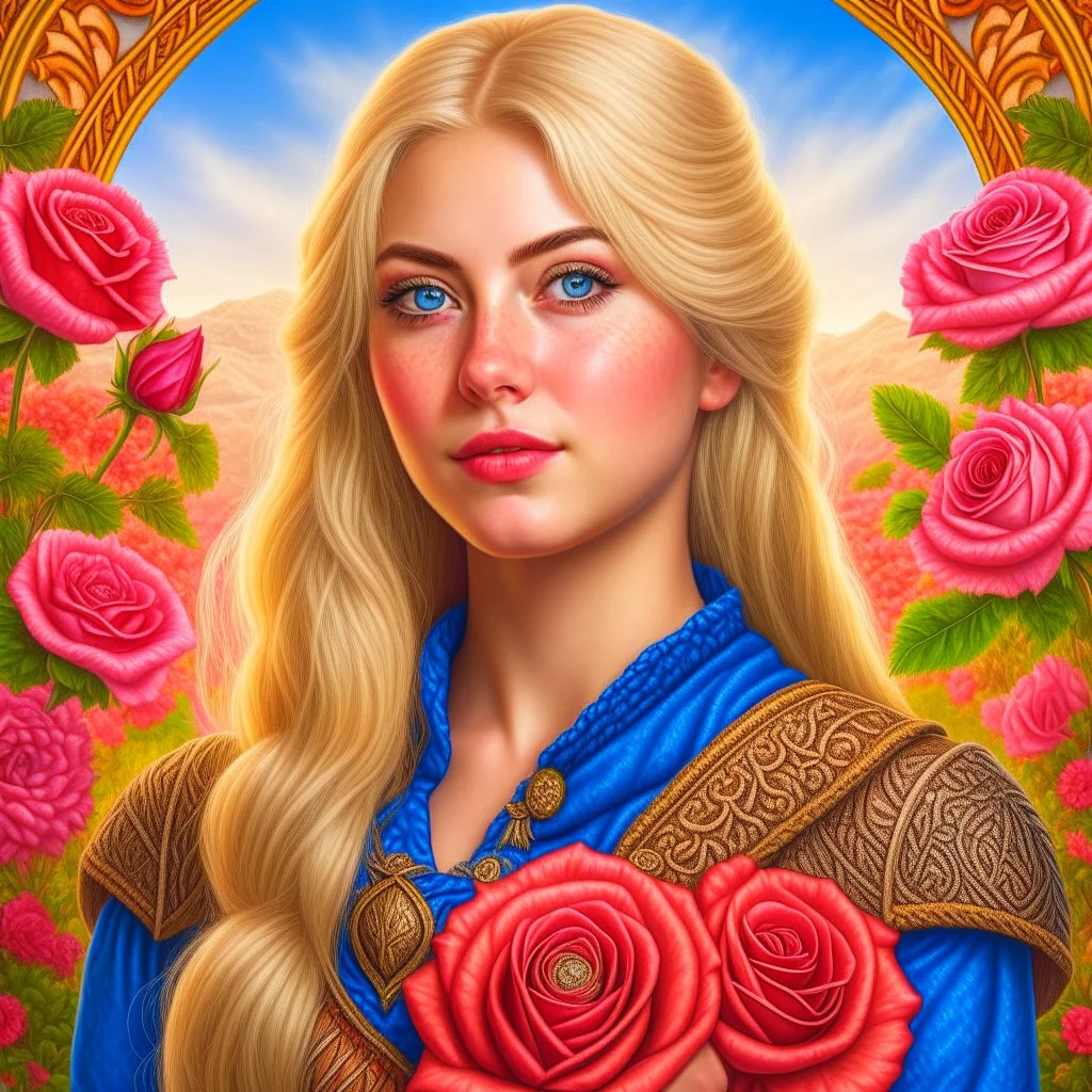 Blue eyed traditional blonde Viking woman art with nature and roses in the background