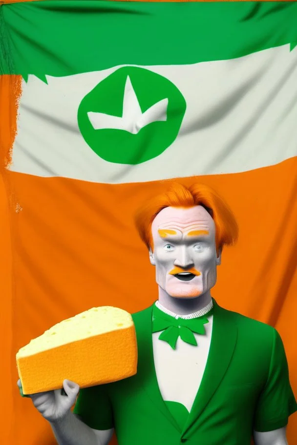 Conan O'Brien with bright orange hair holding orange cheese. "Esperanto flag in background". Green-flag-with-white-star. Green flag in background