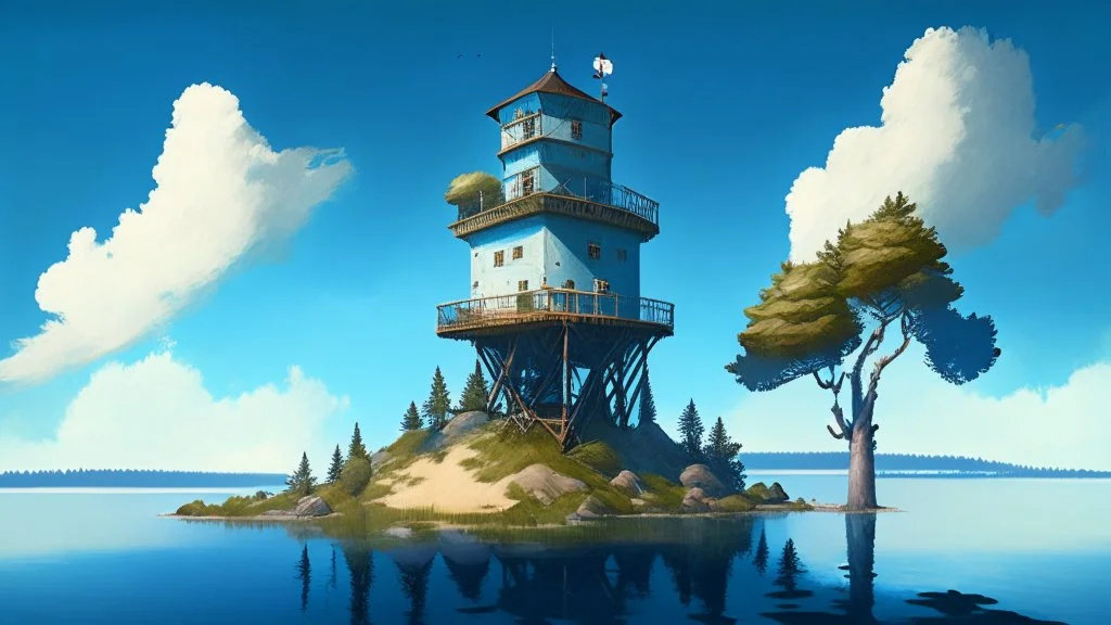 two-story tower with an observation room at the top, with a one-story room on one side, on a large island, in a large lake, surrounded by trees, with a blue sky