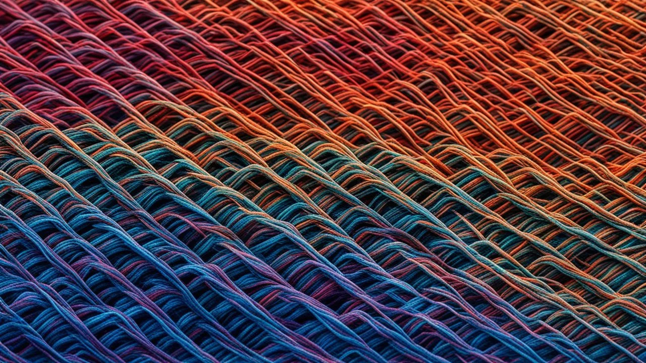 A high-magnification image of microfiber fabric, revealing the fine, interwoven threads that create the textile. The photomicrograph emphasizes the texture and pattern of the microscopic fibers, creating an abstract art piece. Beautiful award-winning photograph, inspiring, rule of thirds, balanced delightful composition, perfect lighting, superb detail, 16k render