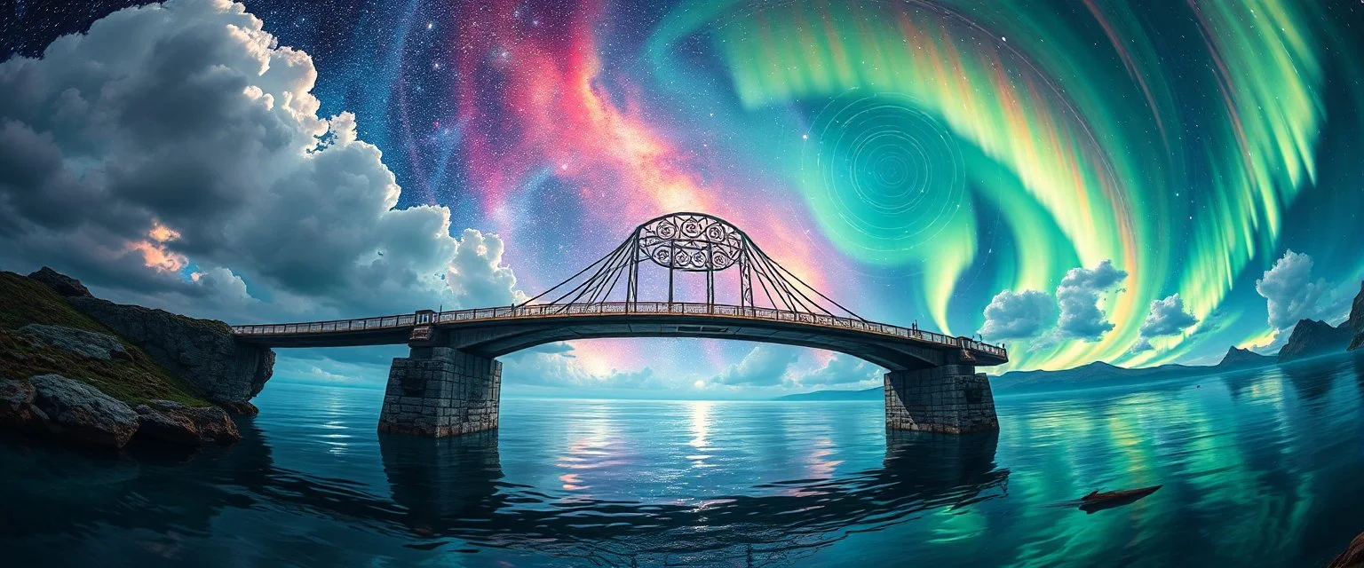 pin hole cam, master oil painting by Rembrandt, realistic rendering Visual: Kaleidoscopic reflections Music: Soulful vocals + electronica pads Aurora: Crystal-glow pulses Skybridge of Echoes Icon: Floating bridge with rune arch Visual: Abyss below, bridges floating Music: Funk bass intensifies, sync with steps Aurora: Arched ribbons, pulsating Celestial Convergence Icon: Cluster of all runes Visual: Cosmic plateau, swirling glyphs Music: Full