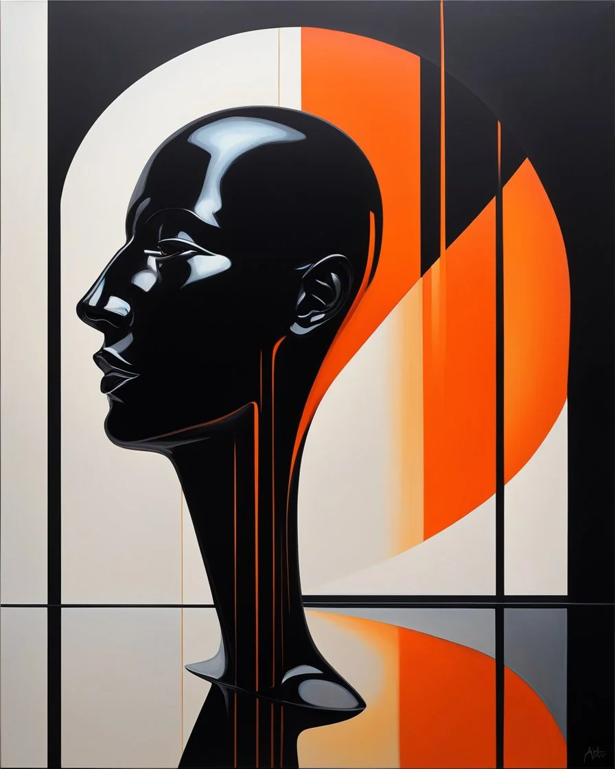 acrylic oil painting of a null liminal juxtaposition by arafed exaggeration, oversized parts, exaggerated head, excellent verticals, amazing reflections, obsidian black glass win vivid orange tint strokes, arafed probability at response, amazing reflection, captive human, split double negative space, liminal vibe, interplay between light and shadow, dynamic visual juxtaposition, tactical jacket man with red tint volumetric silence, tectonic architecture