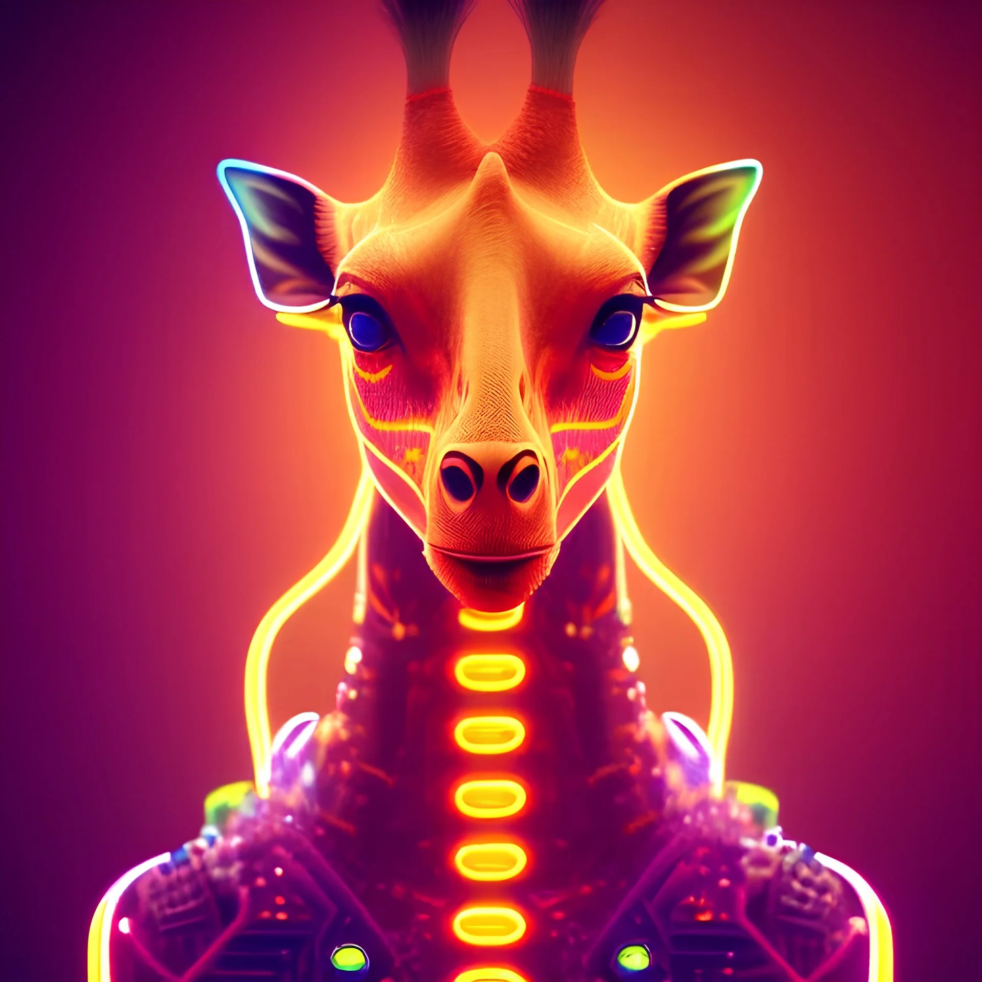 A beautiful portrait of a cyborg giraffe orange neon color scheme, high key lighting, volumetric light high details psychedelic background