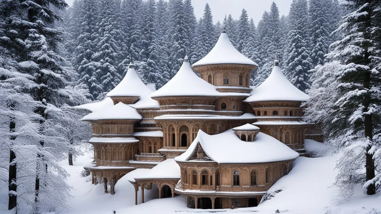 2055, rule of thirds, delightful, sensitive, confident, undulating sinusoidal castle with pointed hyperbolic roofs, forest, delicate, thick snow, symmetrical, exquisite architecture, innovative design, perfect symmetry, award-winning photograph, beautiful composition, filled with beautiful detail, delicate colour, chiaroscuro