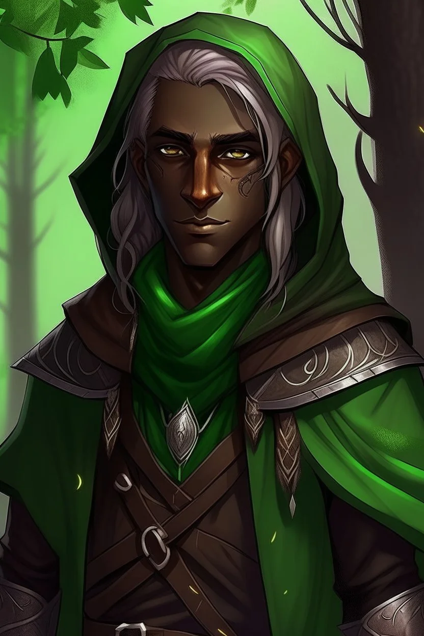 Male wood elf, rogue assassin, brown skin, bright green eyes, mauve longish hair, hooded black leather, friendly, trees, stoner