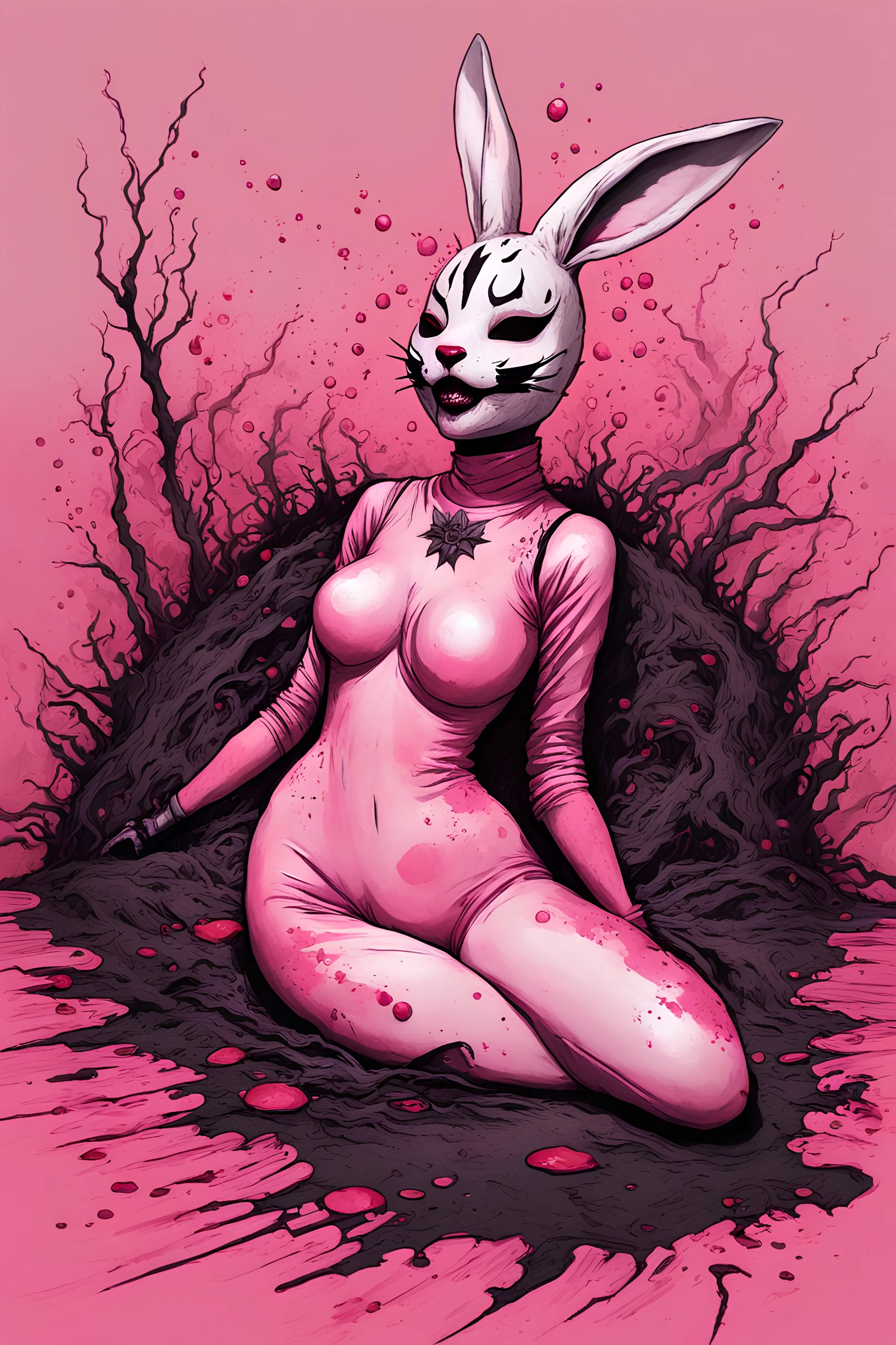 Goth Asian woman, lying pose, rabbit mask, pink short hair, latex suit, highly detailed, fullbody, splashes blood, behind guts rising from the ground, papercut illustration by <John Kenn Mortensen>, darkred tones,