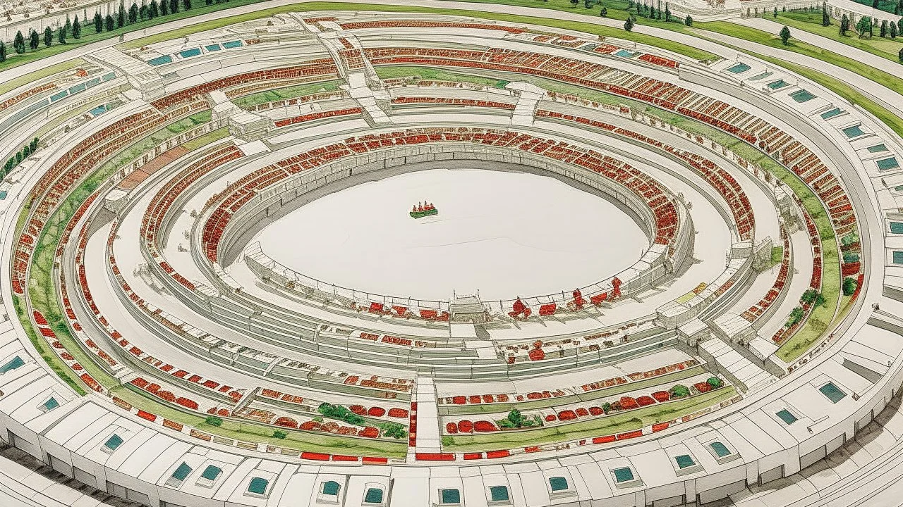 A white racetrack with boosting cars designed in ancient Roman mosaics painted by Qiu Ying