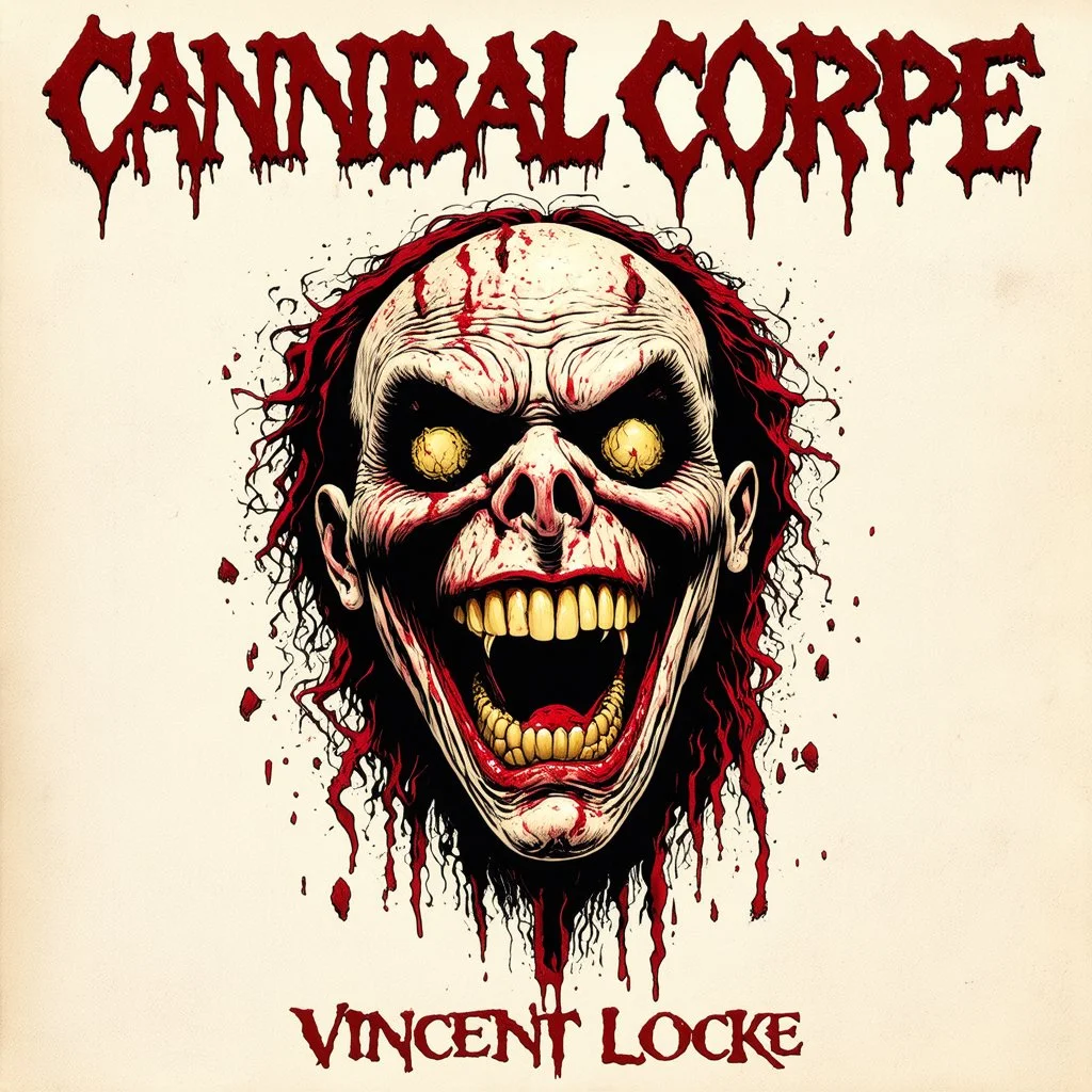 Pestilential rictus, Grin is fixed in misery, rancid rotting maw, raw messy illustrative style by Vincent Locke, unbalanced, offset, non-symmetrical surreal horror, text "Cannibal Corpse" album cover aesthetic in a death metal font