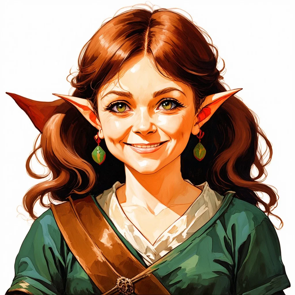 dnd, fantasy, watercolour, portrait, illustration, halfling, female, laborous, opportunistic, hearthy, sly, authoritative, smiling, wide face, portly