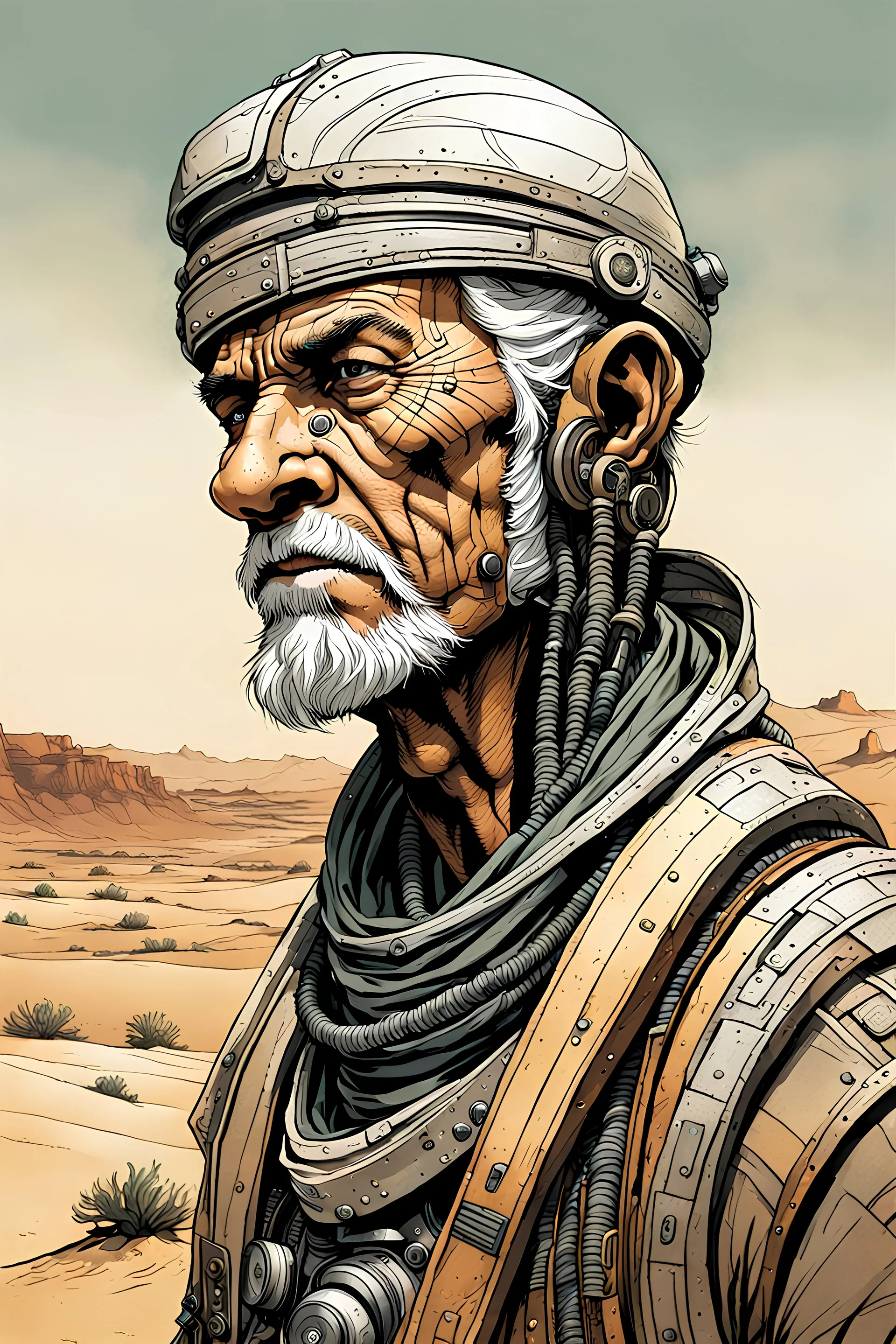 create a front facing, portrait illustration of an aged, otherworldly lost cyborg nomadic wanderer with highly detailed, sharply lined and deeply weathered facial features in a dusty ruined desert oasis in the comic art style of Enki Bilal, precisely drawn, finely lined and inked in arid desert colors