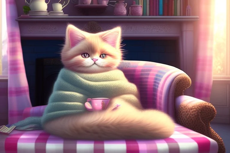 Pastel colors, cute fluffy chibi cat reads sitting in a big soft armchair, covered with a plaid blanket, a teapot and steaming tea on a small table next to her, in sunlight. The fire in the fireplace is blazing.