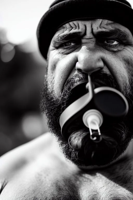 close up photography, dirty burly chubby Italian strong 48 years old homeless man, spitting milk from open mouth, dripping on the beard, with dirty tank top, emotional eyes, manly chest, photo, Canon EOS, lens 35mm, natural lights, 8K, in the morning