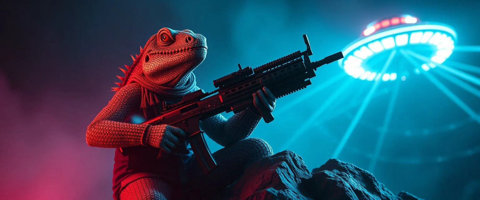 volume fog light, hyper real rock lizard man general with weapon arsenal from hell, guarding bridge up to space saucer neon plastic transparent
