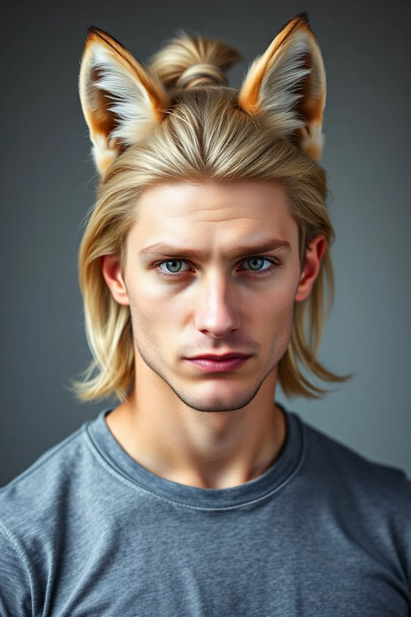 A portrait of an attractive stern fox with wig, shoulder-length blond hair tied in a tight knot, pale skin,light green eyes, muscular build, wearing grey t-shirt