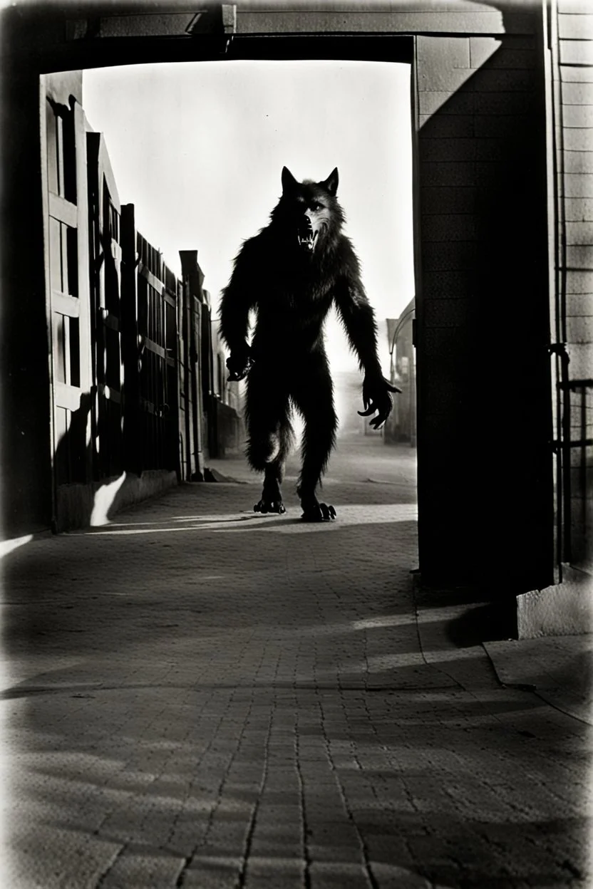 Photograph of a shadowy werewolf prowling a Hollywood movie lot. Grainy, b/w, date approximately 1922.