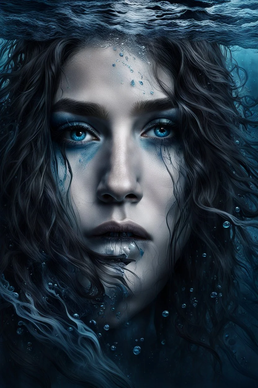 matte painting of a woman's face under of the water, close-up, sad, peaceful, beautiful, long messy hair, minimal colors, black, white, blue and silver, paint strokes, insanely detailed, detailed matte painting, deep colors, intricate detail, complementary colors, mystic, fog, shadows, dark mood, surreal style