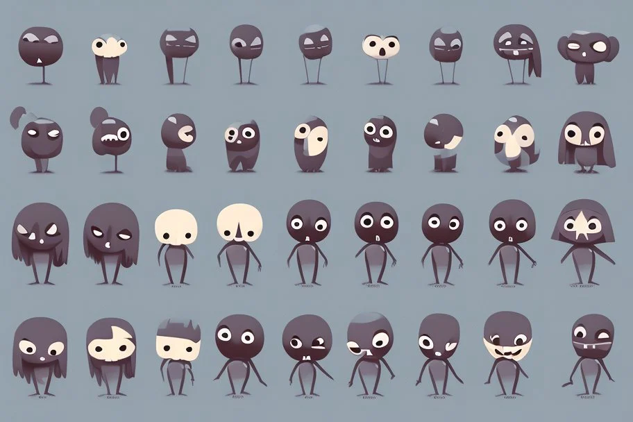 make a bunch of simple spooky and cute cartoon characters with bodies arms, and legs I could draw and make them all different