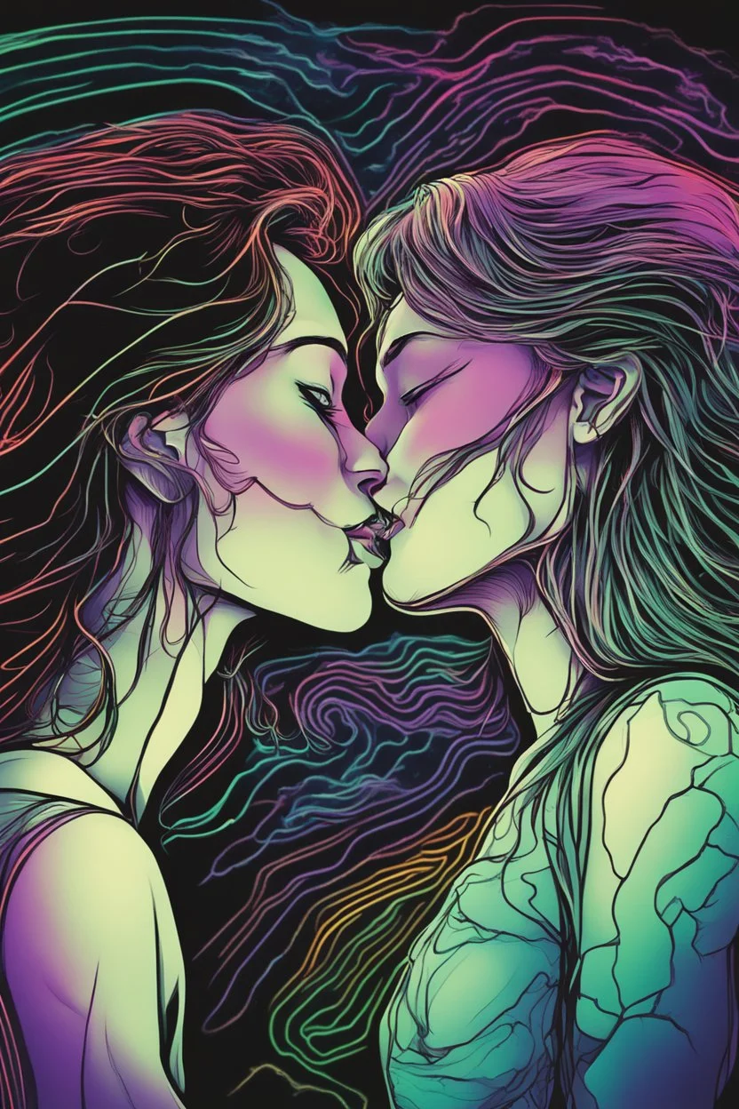 Ultra detailed illustration of a couple kissing, figure, ((ghostly)) (((translucent:1.5))), (((translucent creature:1.5))), art by Mschiffer, neon lights, light particles, colorful, cmyk colors, strong backlit, back lights