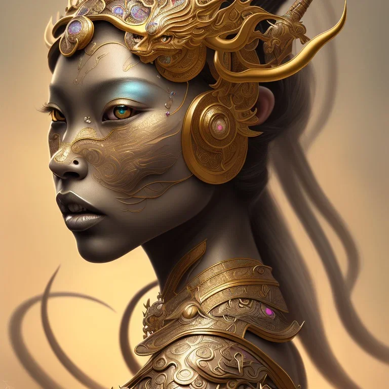 Sango fantasy, fantasy magic, intricate, sharp focus, illustration, highly detailed, digital painting, concept art, matte, art germ and Paul Lewin and Kehinde Wiley, masterpiece Indonesian lady head bronze tiger Asian African girl nice breast Thai hair turquoise silver waves