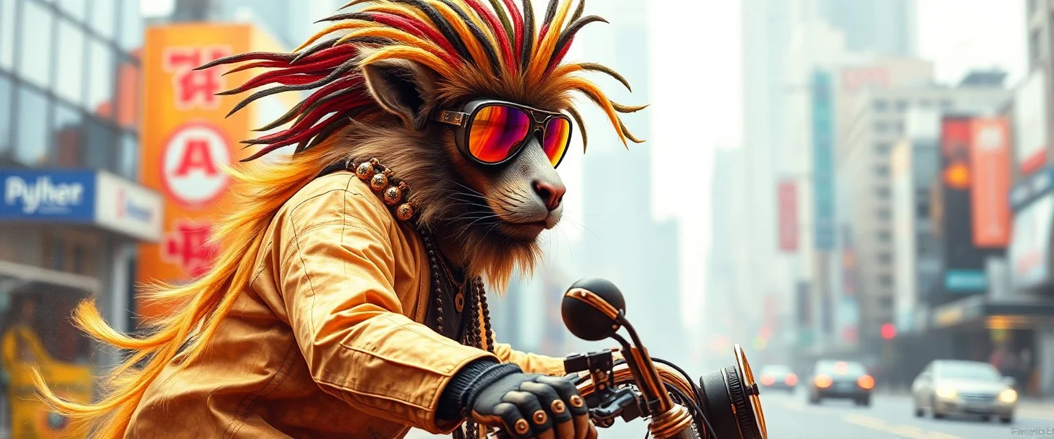 wall poster of transparent biker weasel rasta man with cute fur, in big cyberpunk city crossover, volume light and motion blur, airbrush and pen outline and paint smears