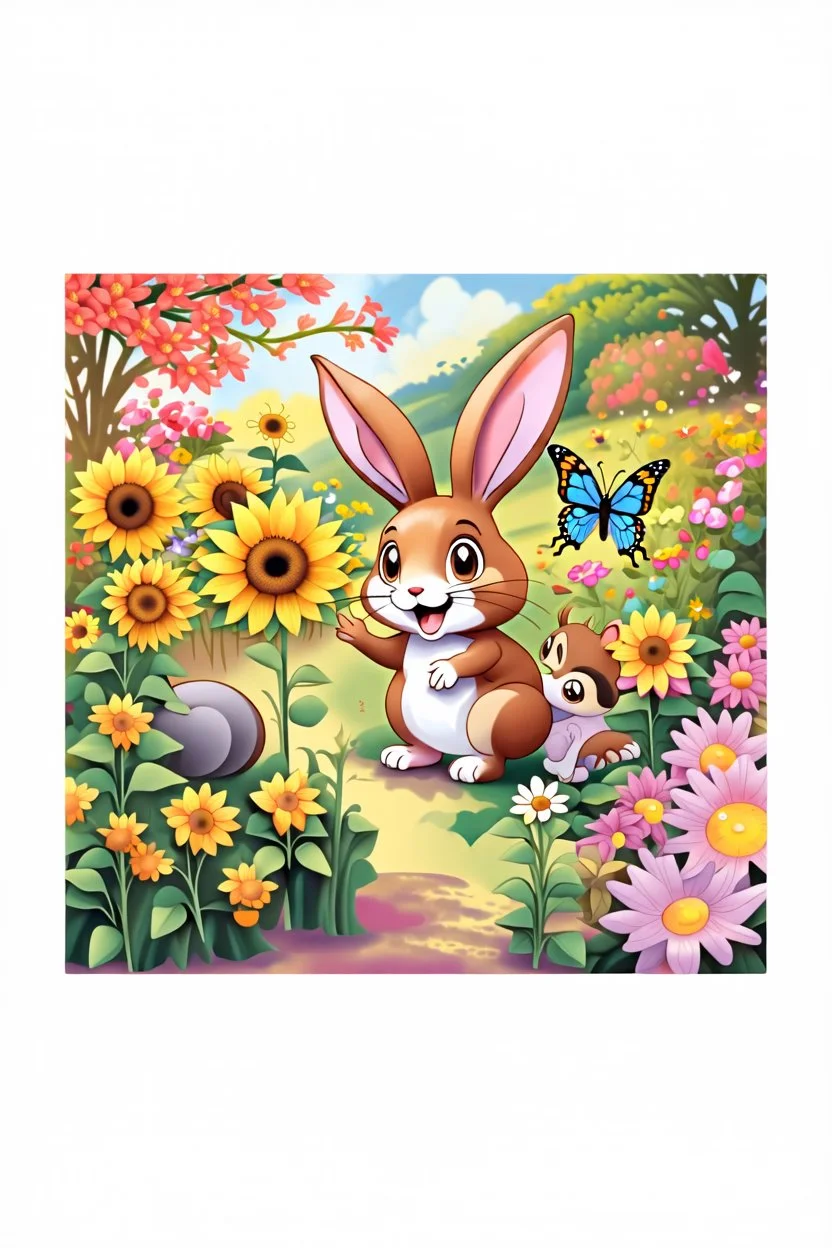 The cute bunny excitedly looks at a bright yellow sunflower in the colorful garden, the beautiful butterfly and friendly squirrel are in the picture, child book illustration style, faces must be the same as reference image