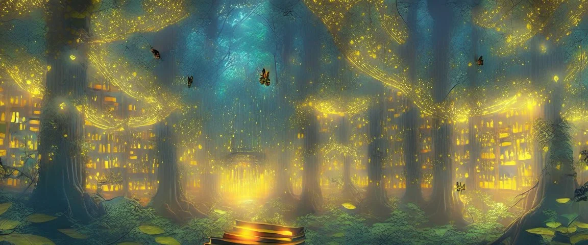 a huge library in forest with fireflies and yellow magic lights around trees that have wide leaves and broad trunked. Realistic