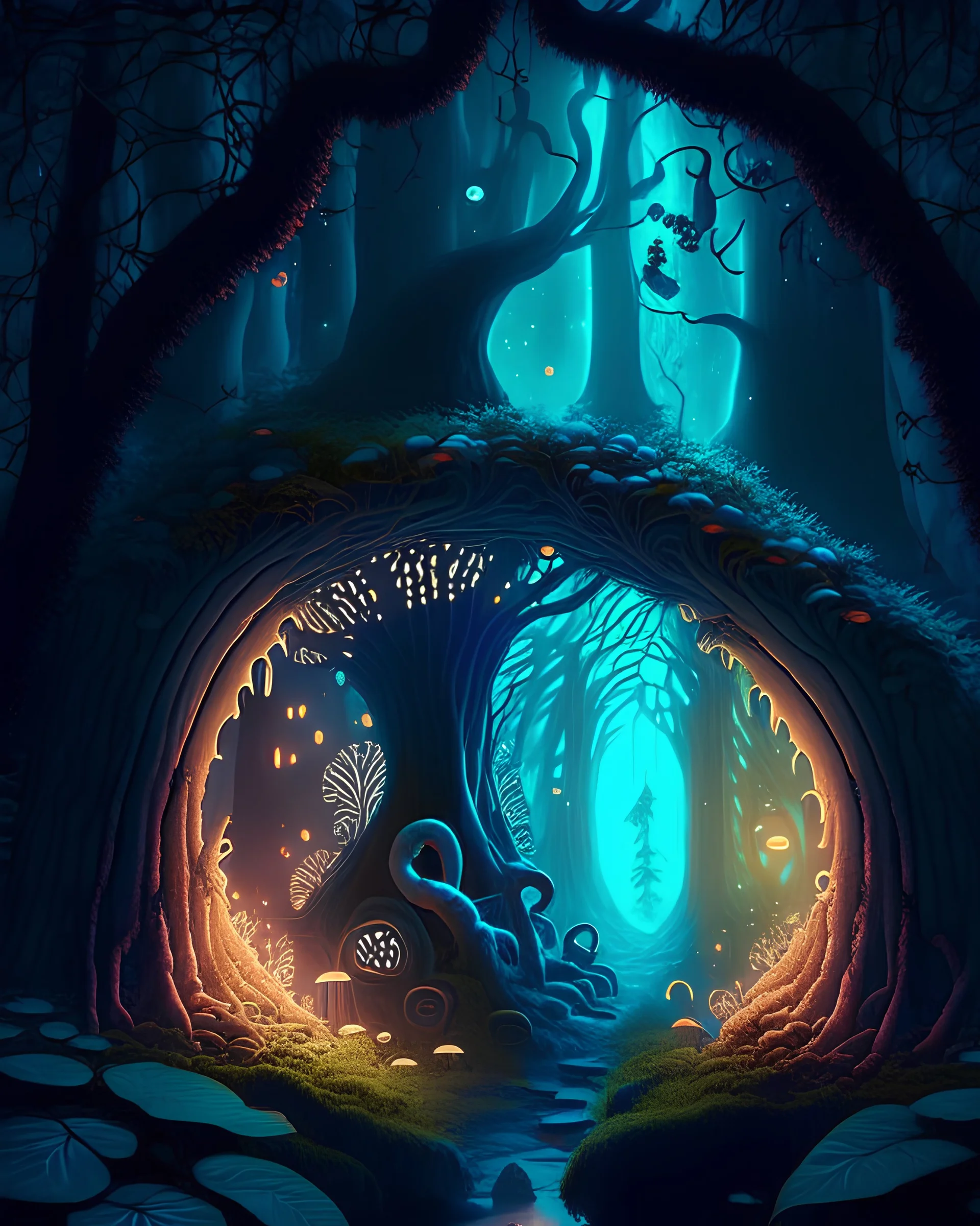 A mystical forest with glowing mushrooms and hidden doorways.