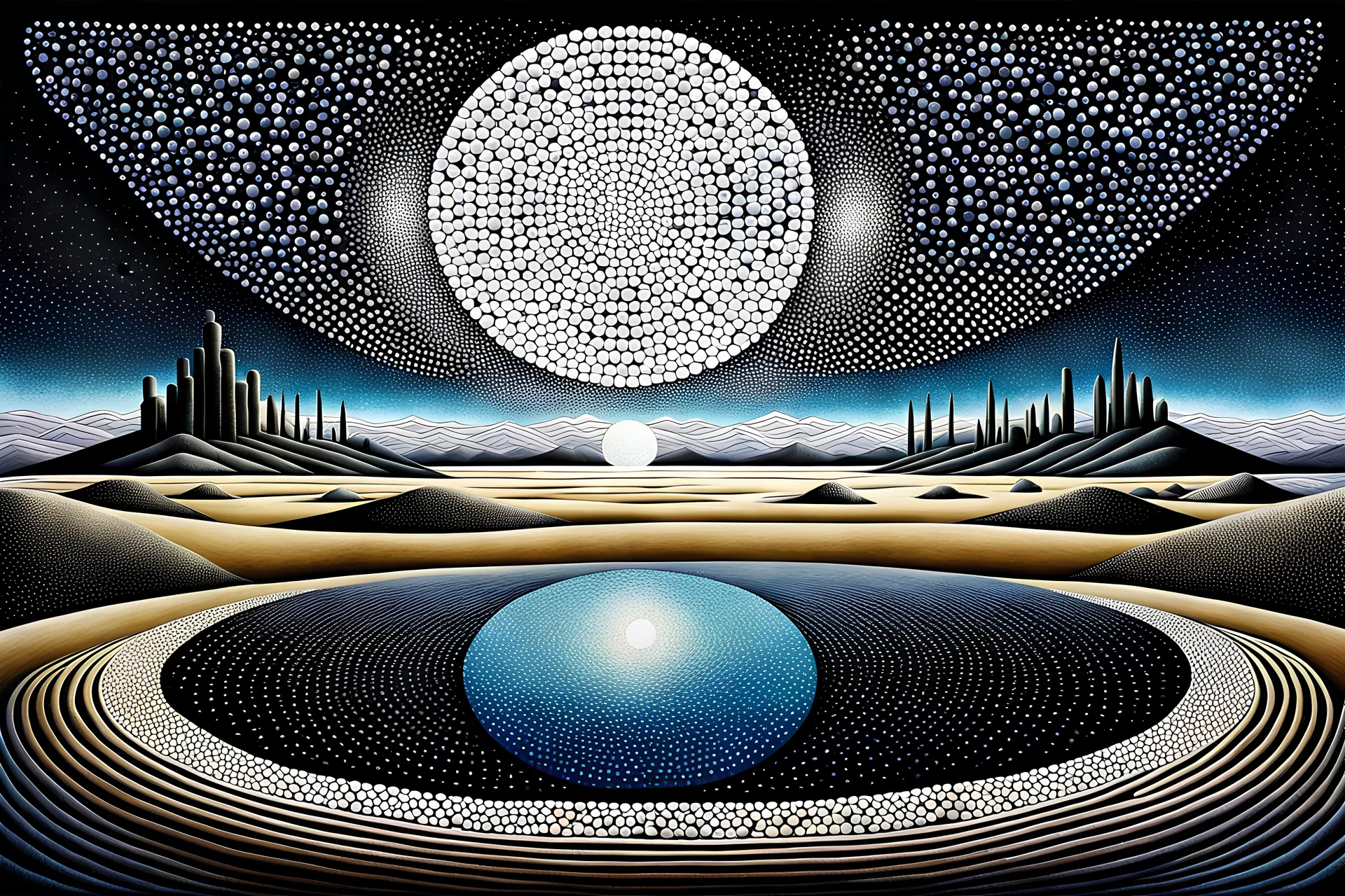 Pointillism surreal abstract landscape, standing and floating geometric shapes, circles, ovale and squares with overlapping shadows, and reflections in iced-desert scene, dark complementer colours, surreal sky, lightning, detailed, masterpiece