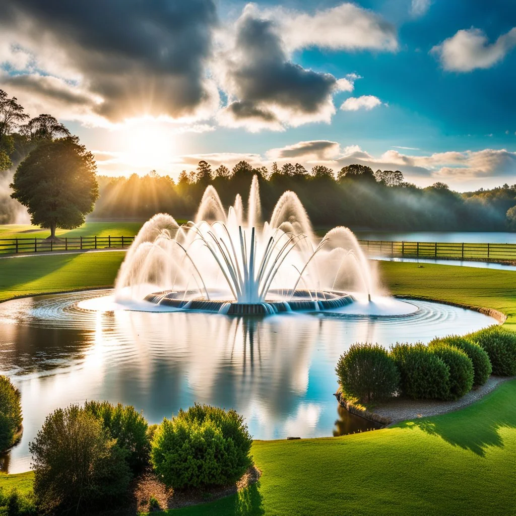 camera captures full scene of where 12 fountains in a small sea shoot water jets in sky and splashes of water ,in country side,pretty cloudy sky ,moving clouds and godrayes .