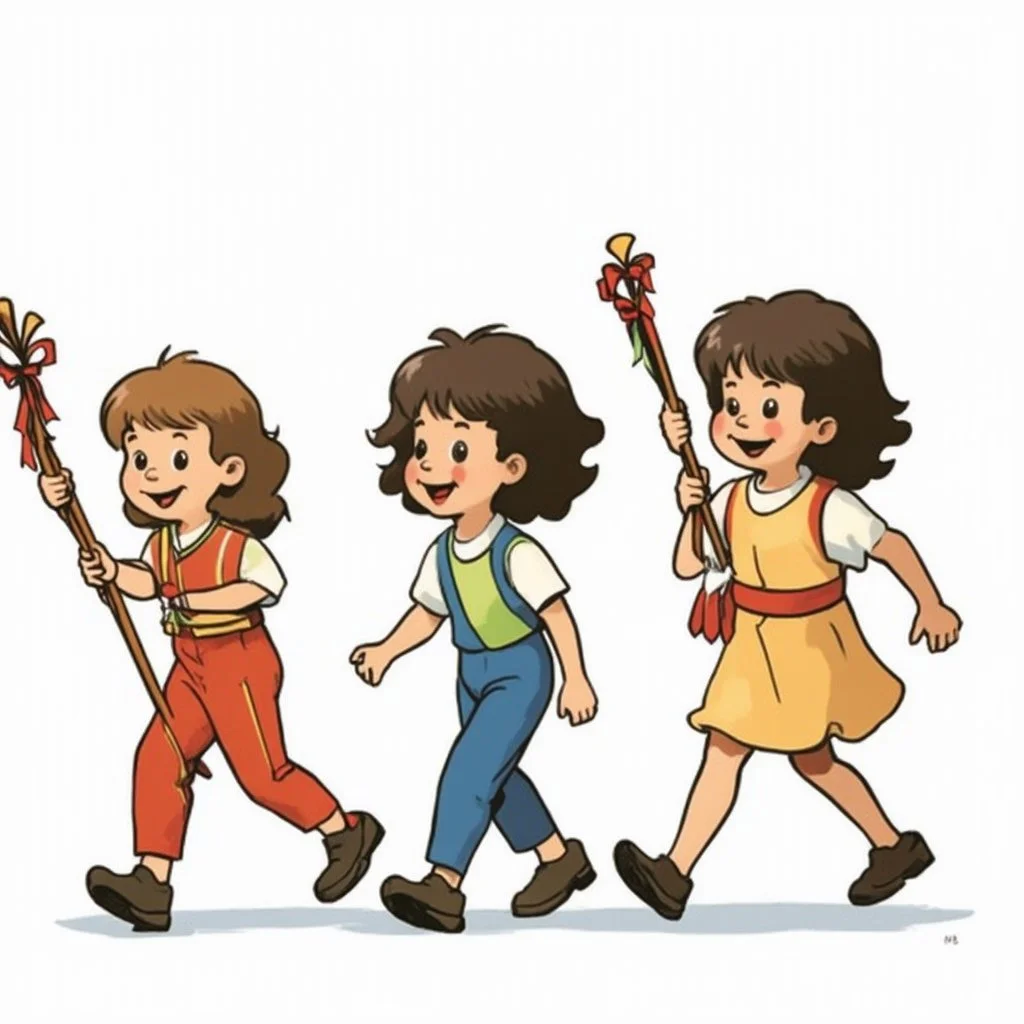 children joyfully walking. Left most child is carrying a parade leader's staff wrapped in ribbon. Right most child is holding batons. improve quality but maintain style.