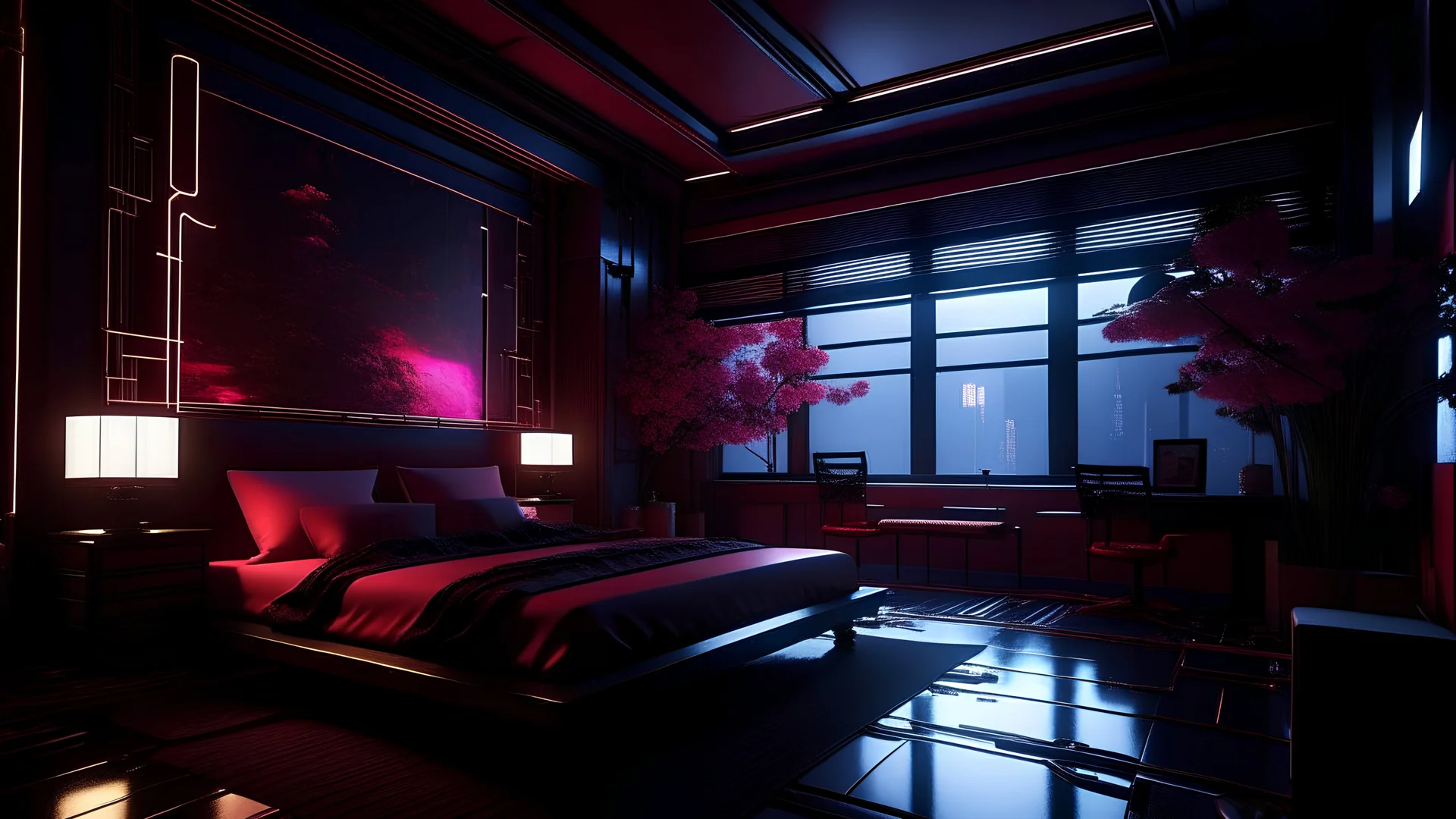 Cyberpunk luxury huge bedroom. Detailed. Rendered in Unity. Japanese elements. Black and red lighting. vivid purple light, Holograms. add a sakura tree into the room. Add a japanese katana in the wall and a gaming pc, samurai armor, cyberpunk big city, huge window, night, red curtain