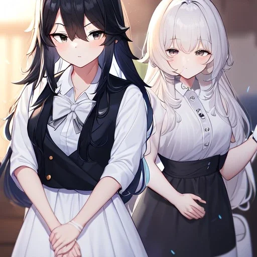 Clear focus, High resolution, Rough line, cute, cartoon style, black long hair, fluffy hair, long locks, spiky hair, wearing a white shirt with a black vest, wearing a white collar and a grey bow, wearing a white skirt, black eyes