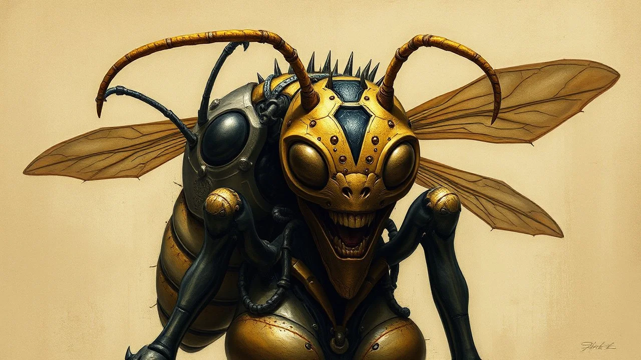 Wasp Woman - A hybrid creature combining human and wasp features. Style: Surrealist, biomechanical art inspired by H.R. Giger