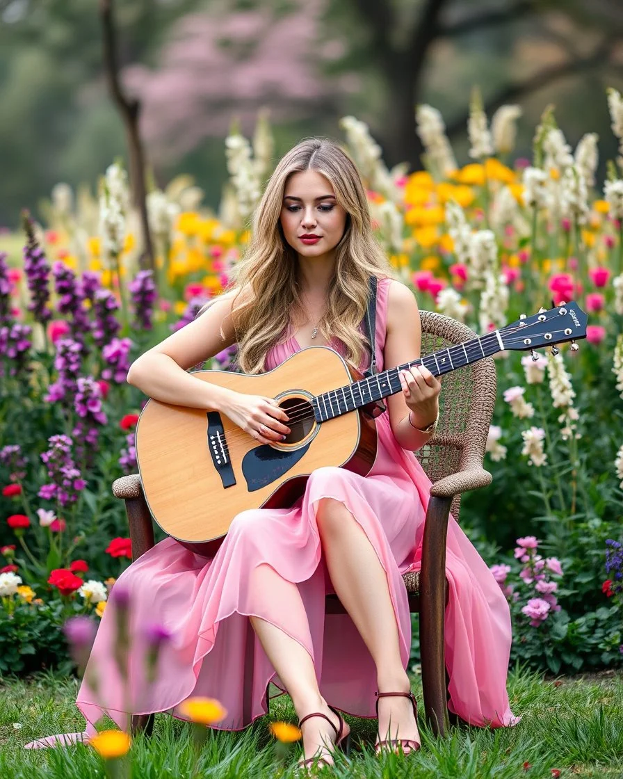 Full a length image Photography Realistic beauty photo lens soft blur Beautiful woman super model blond long hair, casual gown, as guitarist playing acoustic guitar style ,and combination natural plant flowers,she on sitting on big chair,in wonderful park garden flowers background