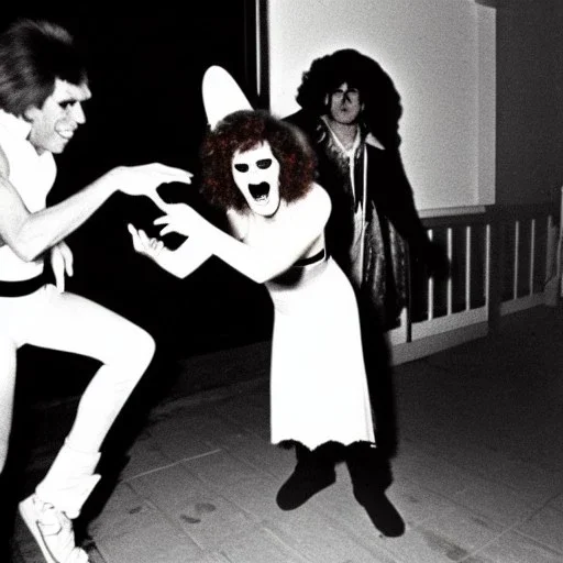 Photo of 1980s party with a vampire scaring a cat