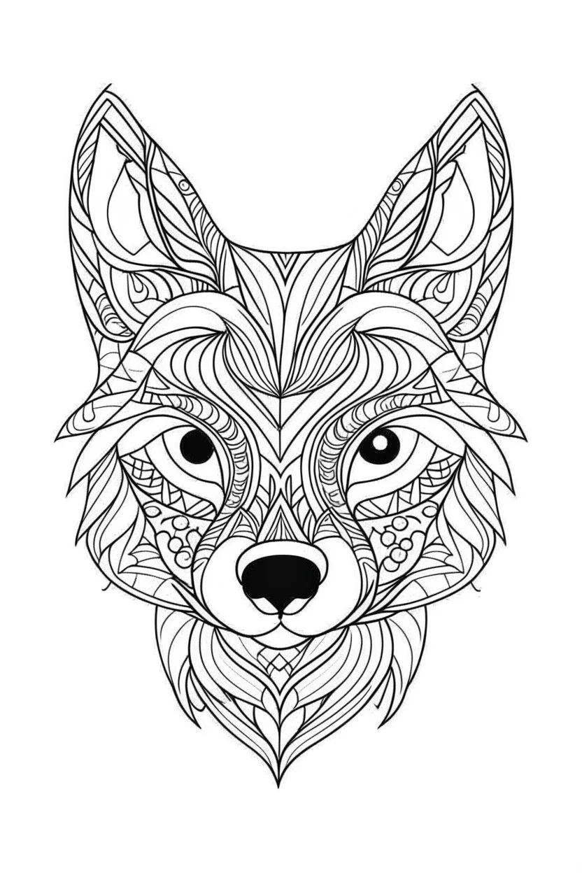 Simple outline colouring book page, portrait of a fox