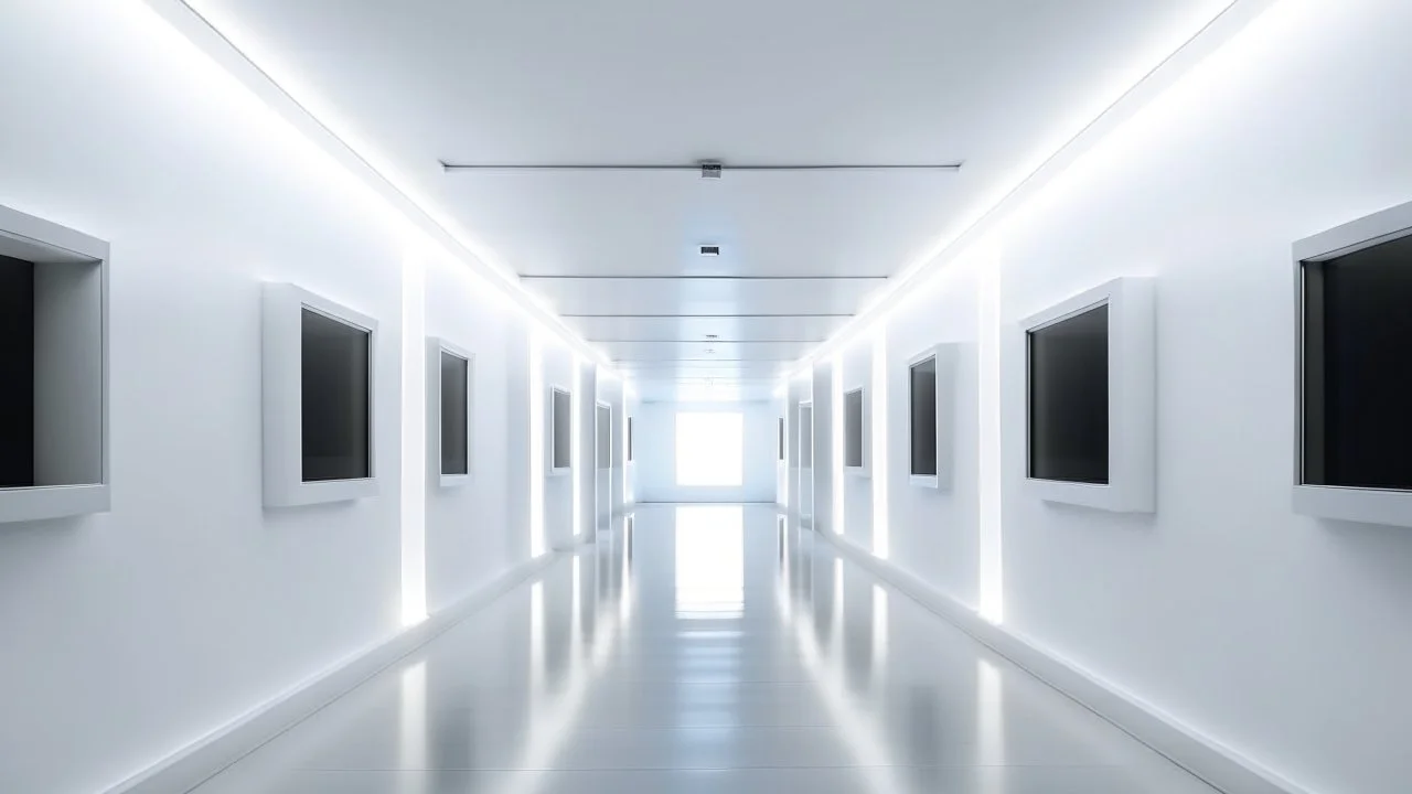 A minimalist contemporary art installation featuring four pristine white gallery walls floating in the infinite expanse of space, reflecting cosmic light and shadows, evoking a sense of serene isolation and limitless possibilities