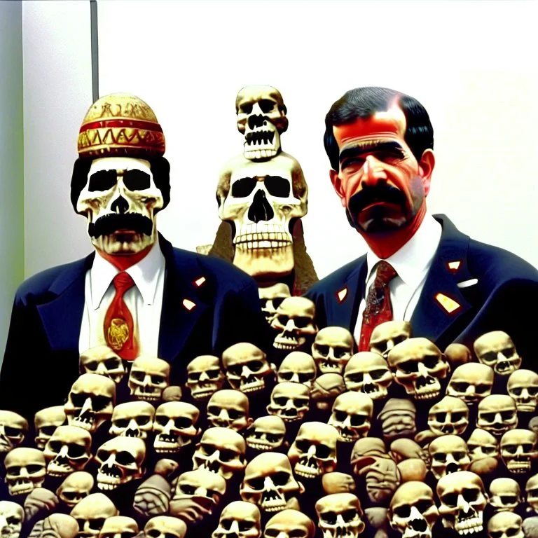 Saddam and George Bush surrounded by skulls