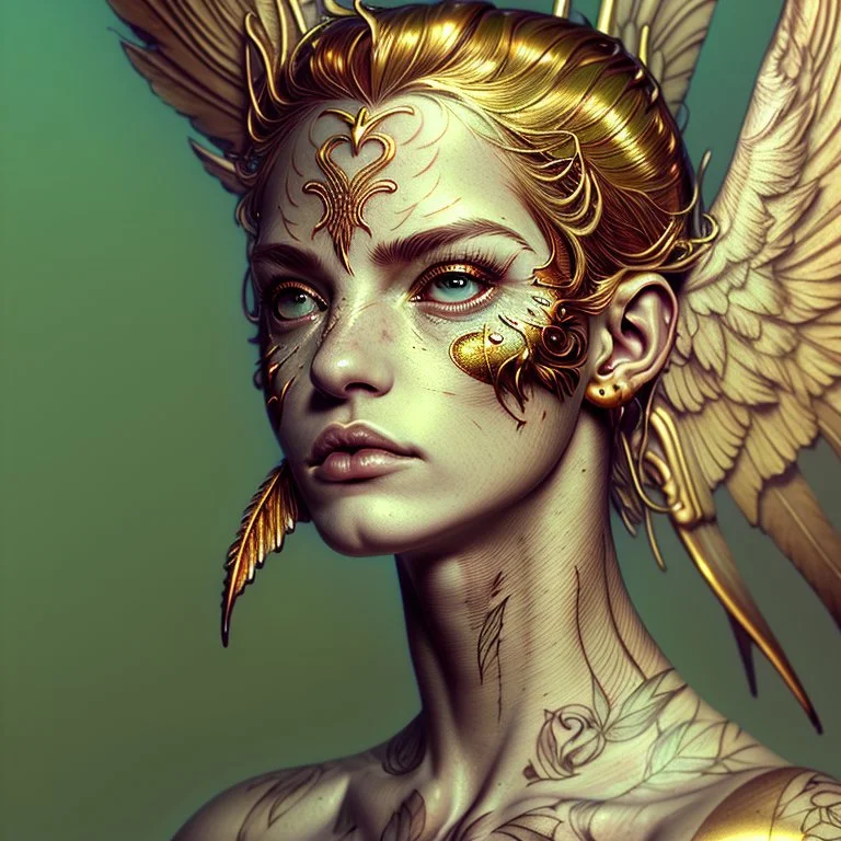 white background, golden Angel, tattoo, feathers, steampunk, fantasy, old canvas, torn cracks, flowers, cyberpunk, gold, silver, green lilac color, mystical, glow, golden makeup, fine drawing, high detail, high resolution, 8K, 3D, Daniel Castan Carne Griffiths Andreas Lee Russ Mills