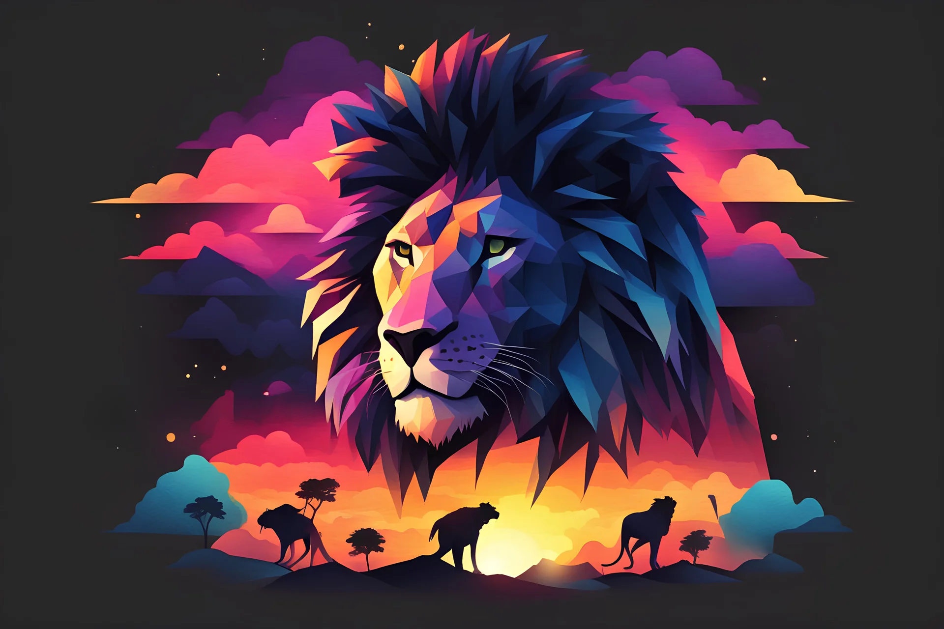 a silhouette design of a lion, sunset design, t- shirt art, 3D vector art, cute and quirky, bright bold colorful., black background, watercolor effect, , digital painting, low-poly, soft lighting, bird's-eye view, isometric style, retro aesthetic, focused on the character, 4K resolution, photorealistic rendering, using Cinema 4D,front side