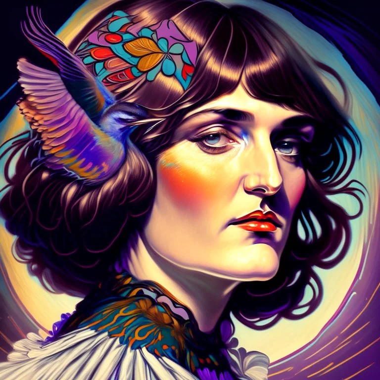 #Leonardai Starling , photorealistic ,pop surreal , lowbrow art ,enchanting portrait of a beautiful mature woman,representing a starling , feathers in her hair ,black and vibrant colors , sweet , magical , cosy warm light , whimsical, alluring , dazzling ,, expressive