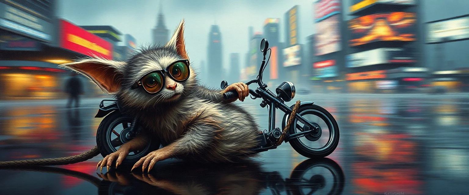 master oil painting by Rembrandt, the tilted quilter,glasses and ticks, cyberpunk imagery synchronized stylized fluffy gremlin with wolf rat aura laying low with drumming kit flat power trike , wet reflective salt flat city, fast motion blur background,technocracy mega tv