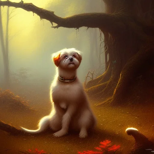 frank frazetta style, cute dog in the forest clearing