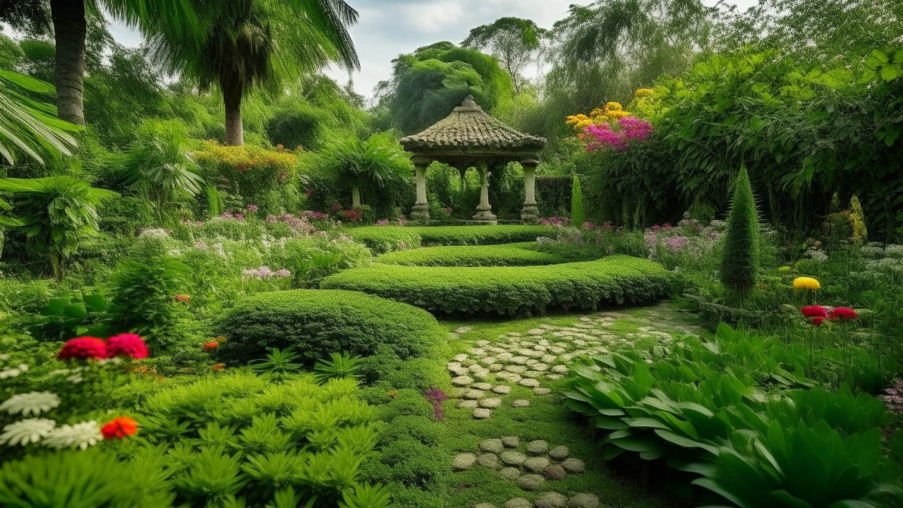 A green garden filled with flowers designed in Mayan architecture