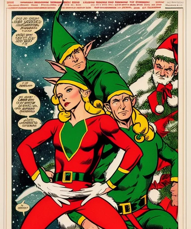 two elves. woman and man. Christmas scene. poster. marvel comic. low-key