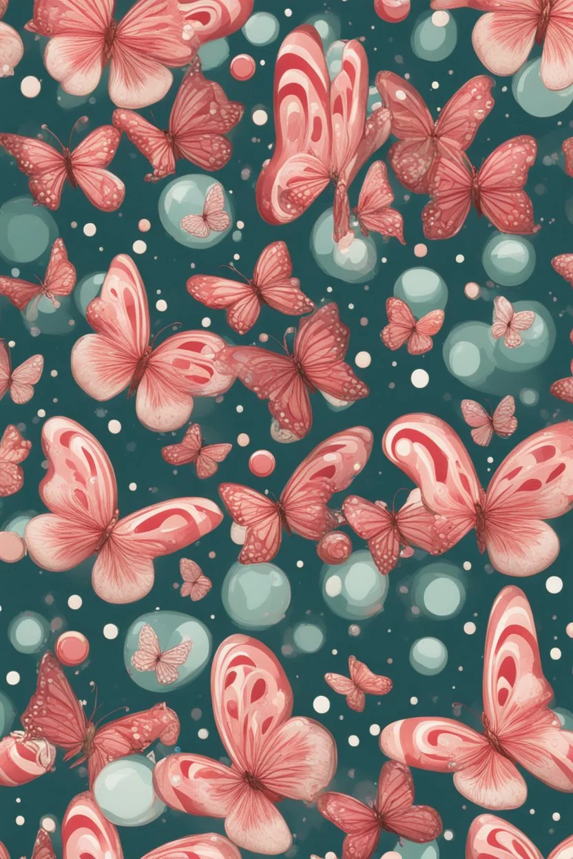 Butterflies and bubbles flying through a candy cane forest