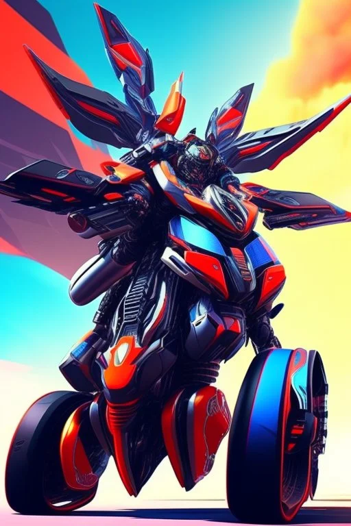 A combination of ultra-advanced car and crazy Max fighter, super sporty, with color and nano technology An advanced motorcycle with four wheels and a turbo jet in the back with rockets and machine guns,At war with humans