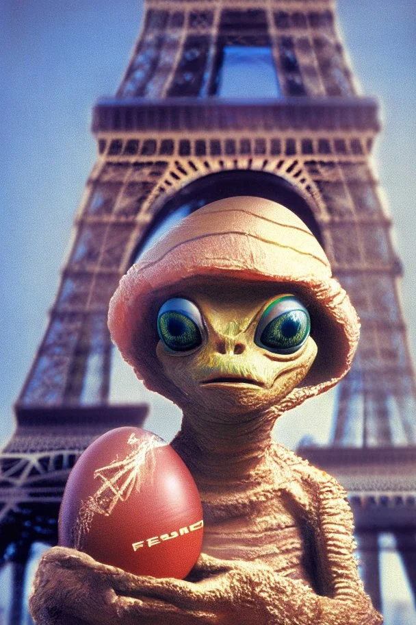 E.T. the Extra Terrestrial holding a decorated Easter egg in front of the Eiffel Tower