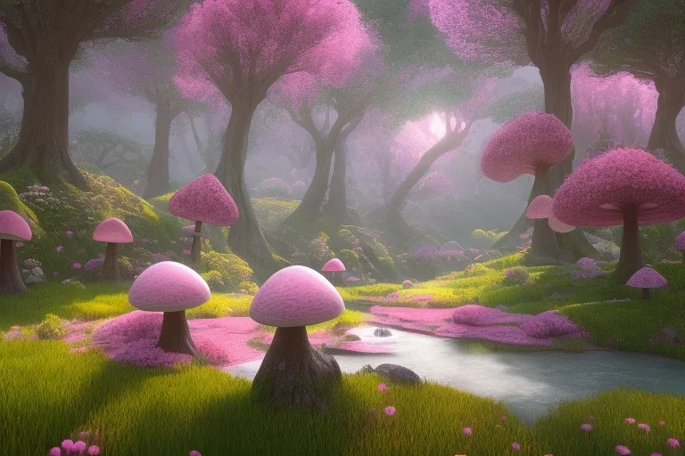 Paysage forêt grands arbres maison avec champignons roses et une rivière bordée de grandes fleurs roses lumiere volumetrique unity engine